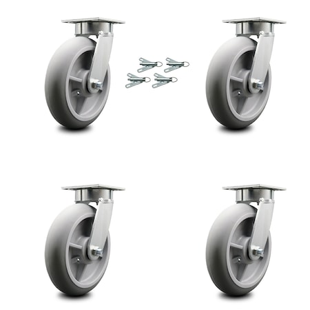 Service Caster 8 Inch Kingpinless Thermoplastic Rubber Wheel Swivel Caster Set with Swivel Lock SCC-KP30S820-TPRRD-BSL-4